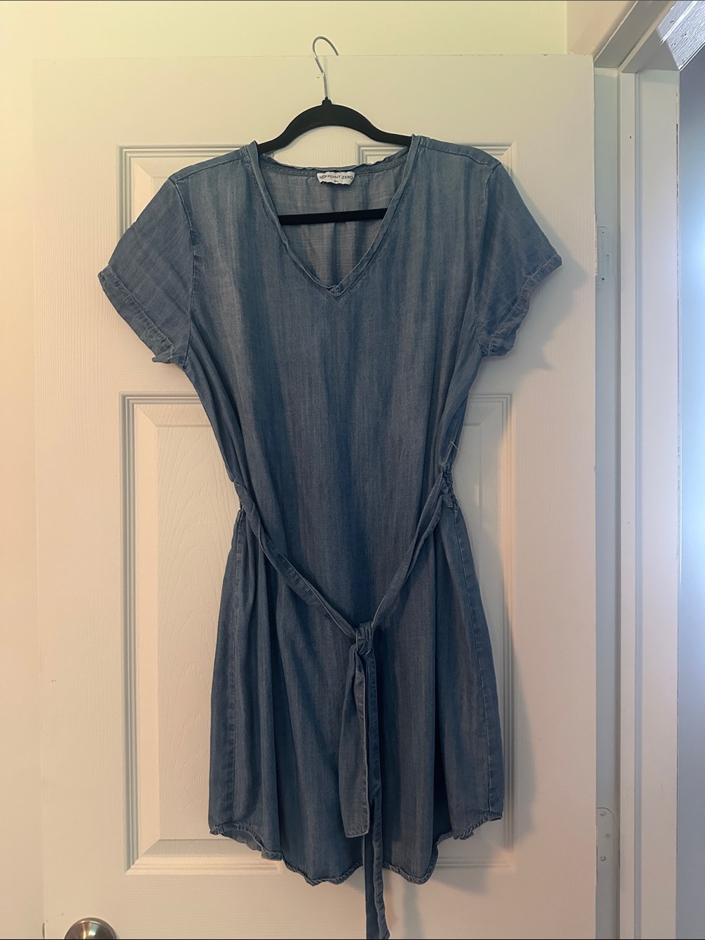 Point Zero Light Blue Chambray V-Neck Tie Waist Mini Dress